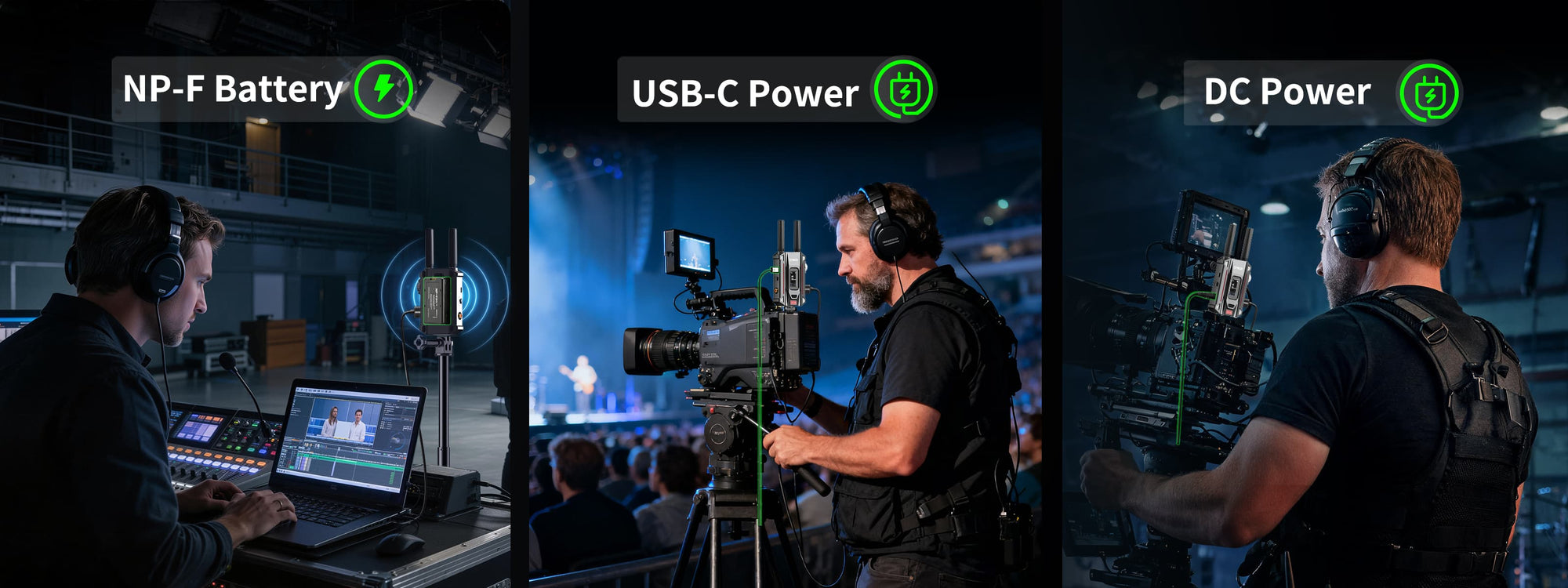 SYNCO XVision 4K with NP-F battery, USB-C, and DC power options for indoor and outdoor productions